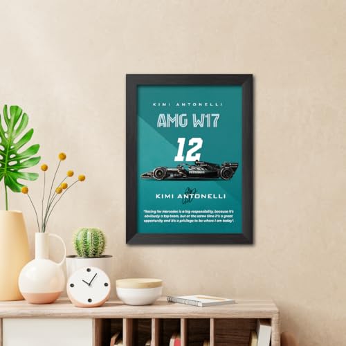 Image of TenorArts Kimi Antonelli Poster Frame F1 Racing Car Mercedes W17 Formula One Photo Framed Painting with Matt Finish Black Textures (12 inches x 9inches)