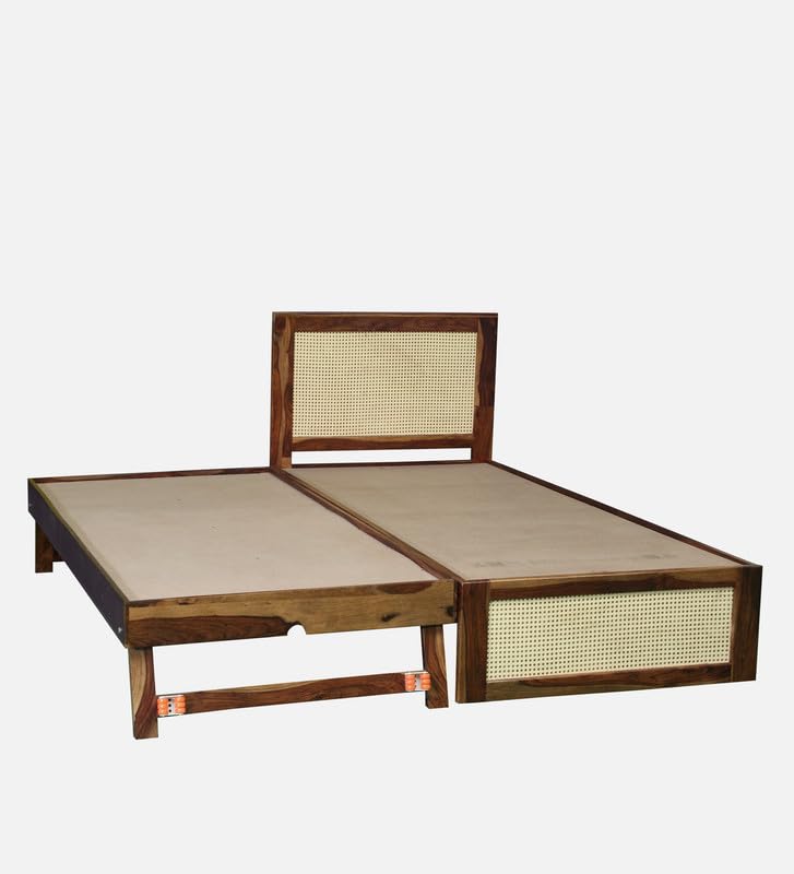 Image of Solid Sheesham Wood Jaipori Single Size Trundle Bed with 1 Extra Pullout Bed | Wooden Single Bed Cot Palang Furniture for Bedroom Living Room Home and Hotel (Provincial Teak Finish)