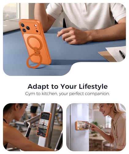 Image of FNTCASE for iPhone 17 Pro Case: [360 Spin Magnetic Stand] [Compatible with Magsafe] [Screen Protector] Translucent Matte Military Grade Shockproof Full Camera Protective Phone Cover - Orange
