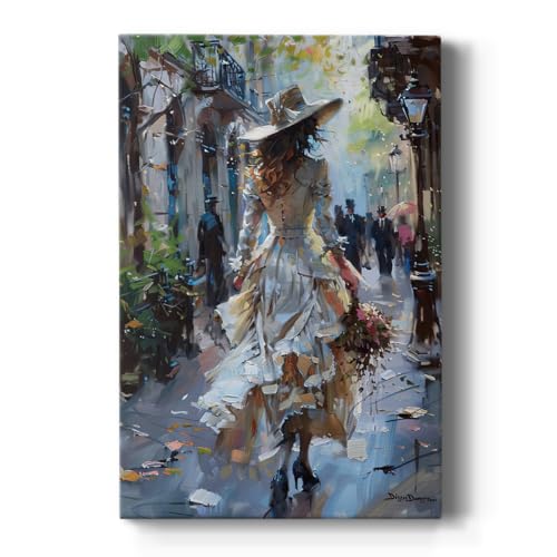 Renditions Gallery Wall Art Paintings for Home Woman in Hat & Bouquet Street Lights Town Canvas Wall Hangings for Bedroom Lounge Office Kitchen - 24" X 36" LT563