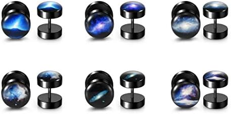PiercingJak 6 Pairs Fake Gauges Earring 18G Solar System Galaxy Universe Stainless Steel Stud Barbell 00G Cheater Fake Ear Plugs Illusion Tunnel Piercing Stud Screw Earrings