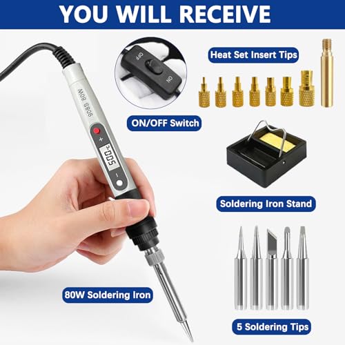 Image of 80W Soldering Iron Heat Set Insert Tool, LCD Digital Soldering Iron Kit | Adjustable Temperature Soldering Tool with Iron Tips and Heat Set Insert Tips, 16-in-1 Solder Kit, White