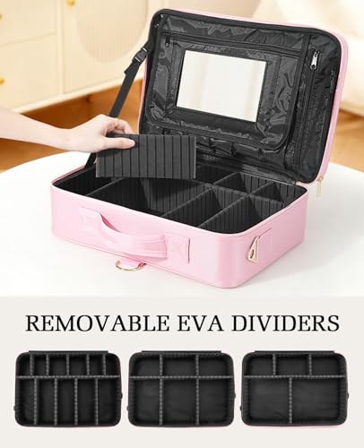 Luxspire Estuche Profesional de Maquillaje de 3 Capas, Maletín de Viaje Grande Organizador de Cosméticos con Espejo y Correa, Portapinceles y Bolsa de Almacenamiento para Artistas, Rosa - imagen 6