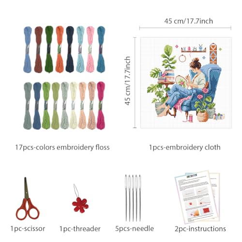 Image of FREEBLOSS 11CT Cross Stitch Kits Girl Green Plants Stamped Full Range of Embroidery Starter Kits for Beginners Stamped Cross Stitch Wall Painting Craft Kit with Instruction, 17.7x17.7