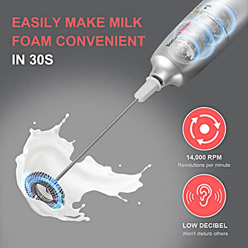 Image of Bonsenkitchen Electric Milk Frother Handheld, Portable Whisk Milk Foam Maker with Stainless Steel Stand, Battery Operated Drink Hand Mixer for Coffee, Matcha (Upgraded Silver)