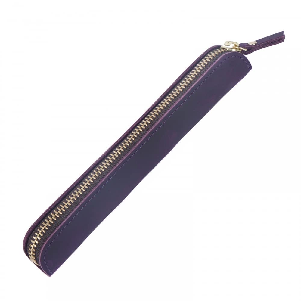 MiOYOOW Leather Pen Case, Head Layer Cowhide Pencil Pouch Retro Slim Pen Holder with Retaining Strap for Office College Travel
