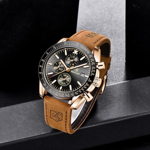 BY BENYAR Men's Analogue Chronograph Quartz Watch 30M Waterproof Luminous Date Display Casual Watch Sport Leather Watch
