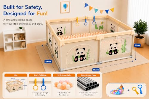 Image of MONSTECH Large Baby Playpen 150x180cm Pit Balls Playpen for Baby up to 5 Years with Anti-Fall Rings, Safety Lock, Breathable Mesh, Kids Activity Center Play Pen (Yellow-Panda)