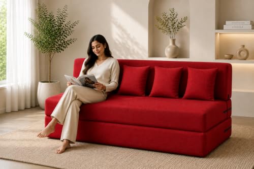 Image of Four Seater Sofa Cum Bed 6x6 Ft with Soft Foam Cushioning, Comfortable Foldable Sofa Bed for Living Room, Bedroom, Guest Room & Office(Red)
