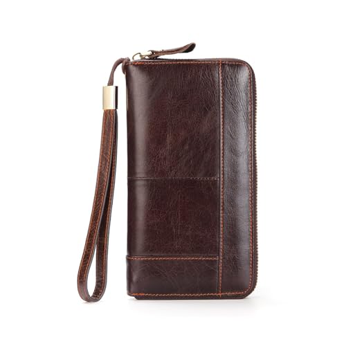 Genuine Leather Long Wallet for Men Large Business Clutch Zip Around Travel Wallet Checkbook Cash Credit Card Holder Phone Holder (Coffee)