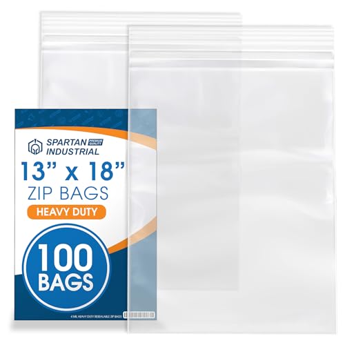 Spartan Industrial - 13” X 18” (100 Count) 4 Mil Thick Clear Reclosable Zip Plastic Poly Bags with Resealable Lock Seal Zipper - Heavy Duty and Durable
