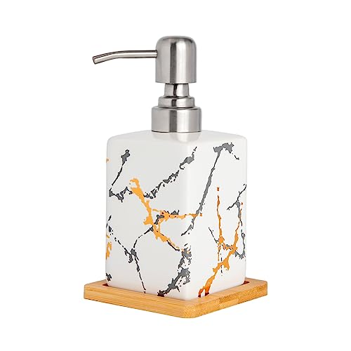 EdensDecor Hand Soap Dispenser for Bathroom and Kitchen with Wood Tray and Gold Stainless Steel Pump (White Silver)