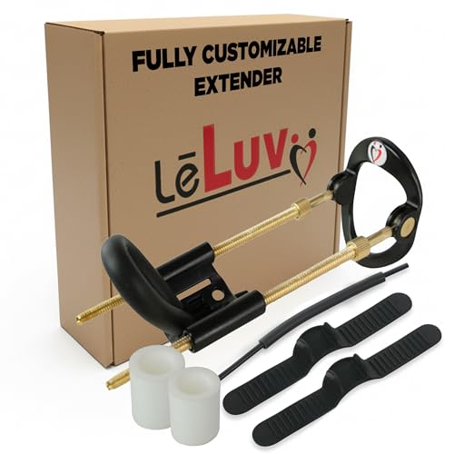 LeLuv Slider Penis Extender - Regular Deluxe Kit Discreet Daily Wear Adjustable Penis Stretcher with Threaded Tension Rods Penis Sleeves and Silicone Straps - Penis Stretching Device - Black & Gold