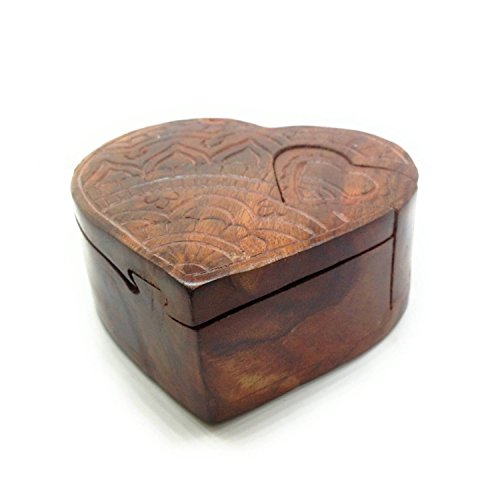 Lify Heart All Natural Exotic Woods Puzzle Box, 4.5' X 4' X 2' with Sliding Wooden Key Lock, Sliding Cover and Inner Lid to Hidden Compartment. Hand-made Wood Onlay Design on Lid.- 1 Piece