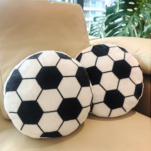 Fashlits Soccer Ball Plush Pillow, Round Fluffy Flannel Throw Cushion, Sports Style Room Decor, Soccer Gifts for Boys 8-12, Decor for Bedroom Sofa Playroom (2 Pcs)