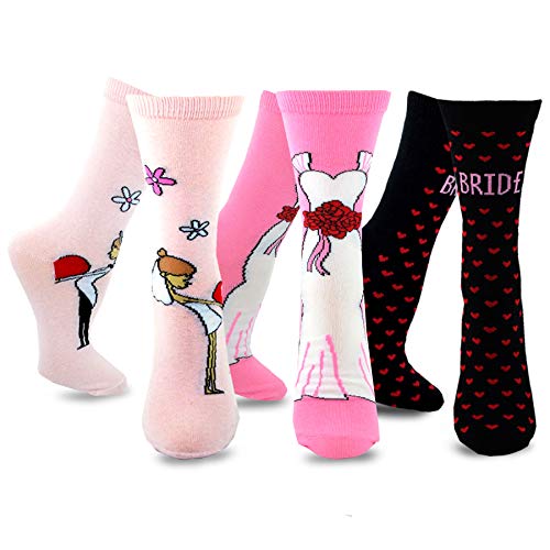 Special Wedding Day Women's Socks for Bride or Bridesmaid 3 Pairs Cotton Crew Socks Wedding Dress Flower Bouquet Pink