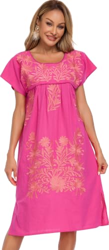 Image of YZXDORWJ Women Mexican Embroidered Long Dress Ruffle Collar Maxi Boho Floral Summer Short Sleeve
