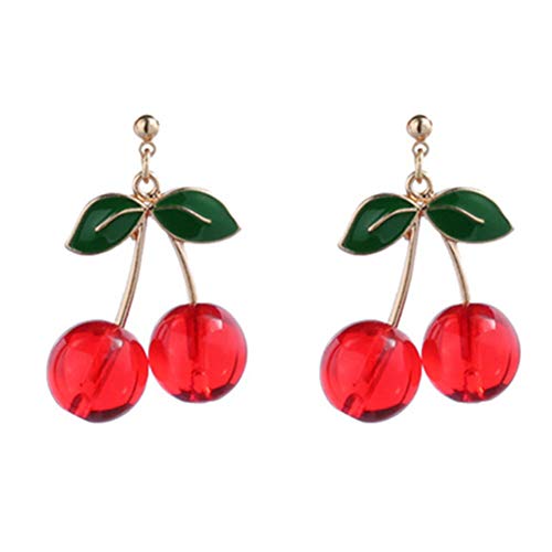 18K Gold Plated Fruit Earring 3D Green Leaf Red Cherry Charm Tassel Drop Stud Earrings
