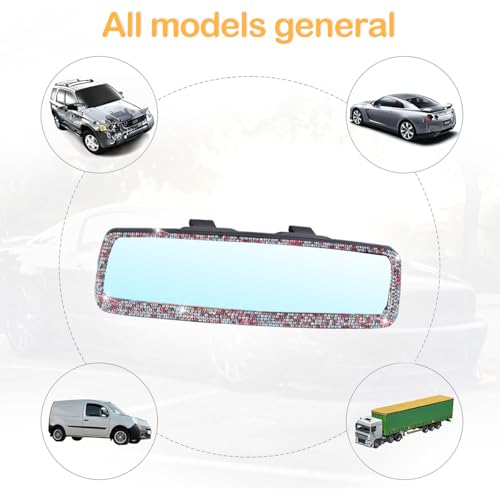 Image of Osilly Bling Car Rearview Mirror, Decorations Rear View Mirror with Crystal Rhinestones & Diamonds, Car Interior Trim Accessories, Clip-on & HD Glass, Sparkly Gift (AB Color+Pink)