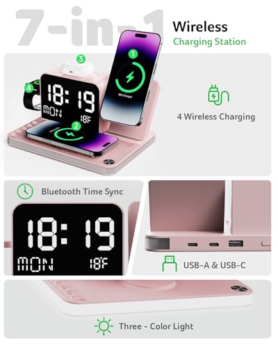 Image of Acer 7-in-1 Wireless Charging Station with LED Clock - 30W Fast Wireless Charger for iPhone 16 /15 /14 /13 /12 /Pro Max, Apple Watch, AirPods - Bluetooth Auto Time Sync & Night Lights (Pink)