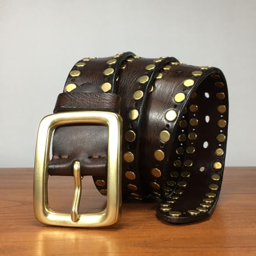 Mens Studded Belt, Punk Leather Casual Adjustable Rivet Cowhide Belt for Men with Brass Metal Pin Buckle,Brown,100CM/39.4''2