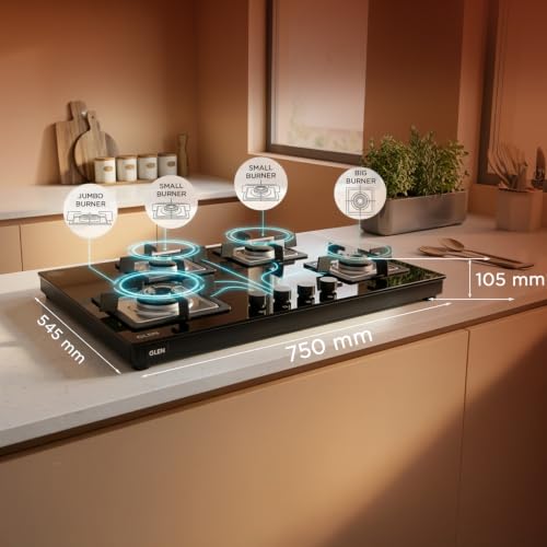 Image of Glen 4 Burner Ultra Slim Premium LPG Gas Stove | 8 MM Thick Toughened Glass Top | 1 Jumbo Forged Brass Burner | Manual Ignition | 2 Years Standard And 5 Years Glass Warranty | CT1045USTN