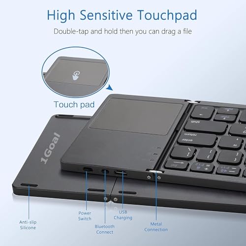 Image of 1Goal Foldable Bluetooth Keyboard, Wireless Bluetooth Keyboard with Touchpad,Pocket Size USB Rechargeable Bluetooth Keyboard Compatible with iOS, Windows, Android Smartphones, Tablets,Laptops and etc.