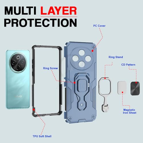 Image of AESTMO Armor Back Cover for Vivo T4 5G / iQOO Z10 5G | Ring Holder & Kickstand & Camera Protection in-Built | 360 Degree Protection Back Case Cover (Blue)