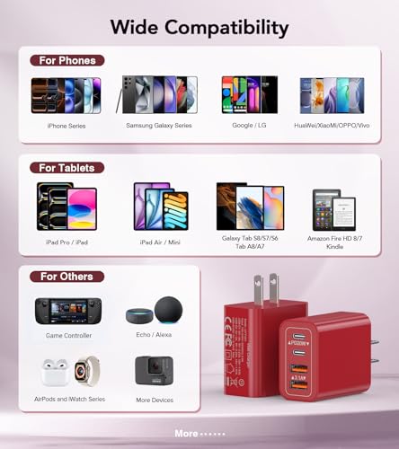 Image of [2Pack] 40W USB C Wall Charger, Super Fast Charging Block PD+QC 4 Port Charger Cube for iPhone 17 /16,iPad Pro /Mini /Air, iPod Nano, iPod Touch, Switch, Smart Phone, Smartwatches and Tablet(Red)