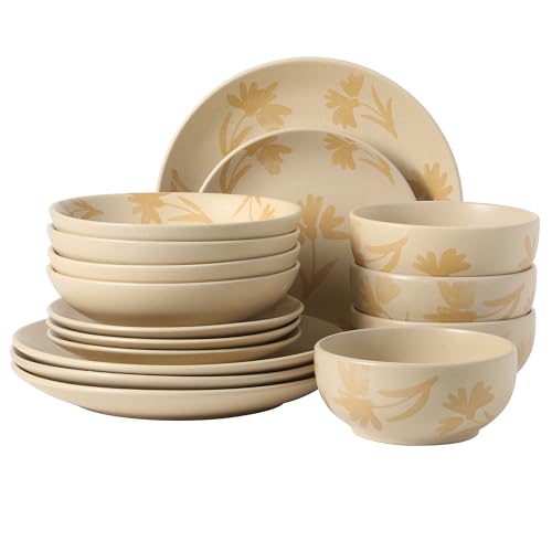 Image of Gibson Home Admiral Hall Plates and Bowls Set, 16-Piece Floral Dinnerware Set, Cream Stoneware Dish Set, Dinner Plates, Salad Plates, Pasta Bowls & Cereal Bowls