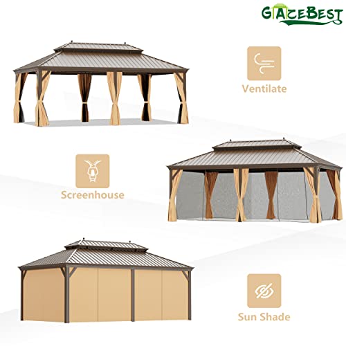 14'x22' Hardtop Gazebo, Outdoor Aluminum Galvanized Steel Wooden Finish Coated Double Roof Canopy with Netting and Curtains for Garden Patio, Backyard, Deck and Lawns. - Image 8