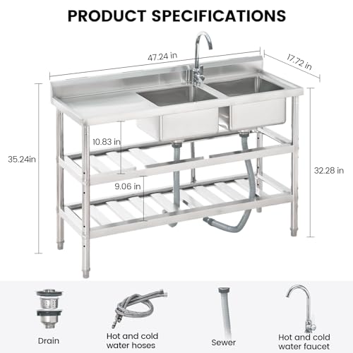 Stainless Steel Utility Sink, Free Standing Double Bowl Kitchen Sink with Faucet, Hot and Cold Water Pipe, Freestanding Commercial for Garage, Shop, Laundry, Sliver (47\") - Thumbnail 3