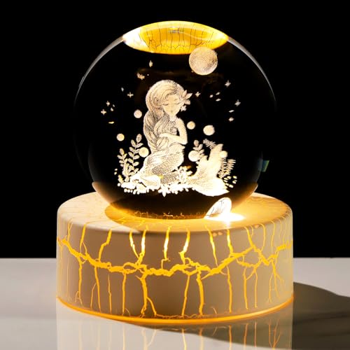 Movdyka Crystal 3D Mermaid 2.36in Ball Figurine Gifts for Women, Glass Fairy Statue Art Sphere for Room with Warm Light Base Keepsakes for Girls Mermaid Lovers on Birthday Home Ornaments