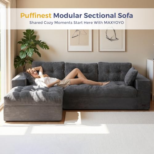 Image of MAXYOYO 96 inch L Shaped Modular Sectional Sofa with Ottoman, Cloud Boneless Couch with Layered Cushion, Upholstered Sofa in a Box, Flexible Module Combination for Living Room, No Assembly, Dark Grey