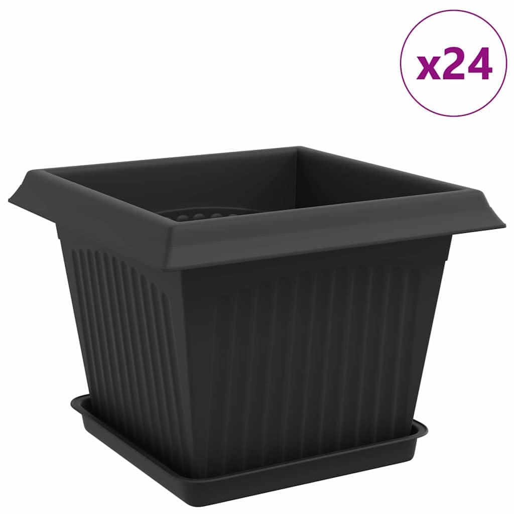 Lot de 24 pots de fleurs en plastique avec soucoupe - Noir - 23 x 23 x 17,5 cm - Résistant aux intempéries - Pour l'intérieur et l'extérieur