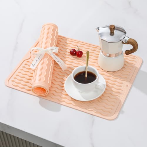 Image of CAKETIME 2 Pack Silicone Dish Drying Mat for Kitchen Counter Waterproof Place mats Sink Protector Stove Top Organizer Appliance Storage Vanity Trays Dryer Rack Drainers Items 15 inchx11.5 inch Beige