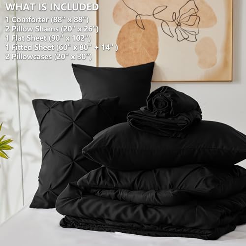 CozyLux Queen Comforter Set Black, 7 Pieces Pintuck Bed in A Bag, Premium Black Comforter Queen Size, Pinch Pleat Bedding Sets with Comforter, Sheets, Pillowcases & Shams