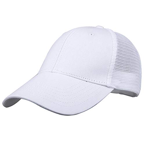 Sportmusies Gorra de béisbol clásica sólida ajustable para hombres y mujeres, gorra de malla de algodón estilo polo de perfil bajo, Blanco, talla única