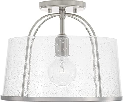 HomePlace by Capital Lighting 247011BN Madison Transitional Clear Seeded Glass Dual Mount Convertible Pendant/Semi-Flush Ceiling Light, 1-Light 100 Watt, 12" H x 13" W, Brushed/Satin Nickel