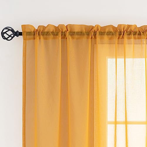 Image of Sheer Curtains 45 Inch Length for Living Room Bedroom, Rod Pocket Polyester Semi Sheer Privacy Drapes, Window Treatments Semi Crinkle Curtain Panels for Kitchen Doorway Divider, Yellow, 52 inch Wx 45 inchL