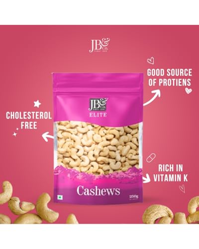 Image of JB&CO Premium Cashews, Imported from Africa, Whole and Crunchy Kaju, Rich in Calcium and Minerals, Healthy Snacking, Ziplock Pouch 500g, (250g X 2)