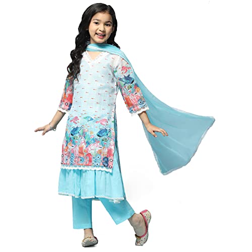 Image of BIBA Girl Cotton Blend Layered Printed Suit Set