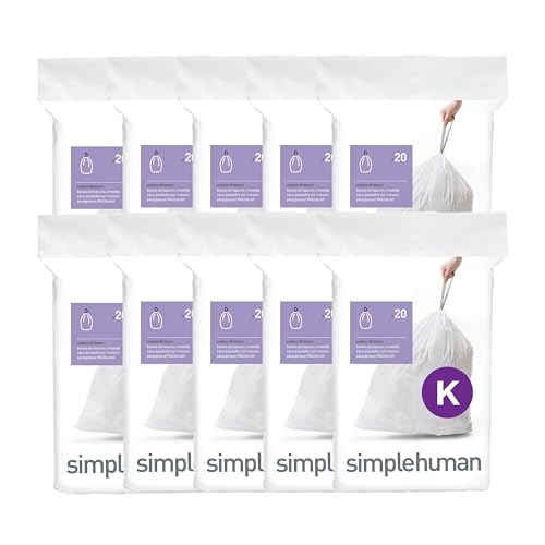simplehuman Code K 200 Count Custom Fit Liners Drawstring Kitchen Trash Bags One-by-One Mess-Free Dispense Extra Thick & Double Seamed 50% PCR Plastic 30-45 Liter / 8-12 Gallon White