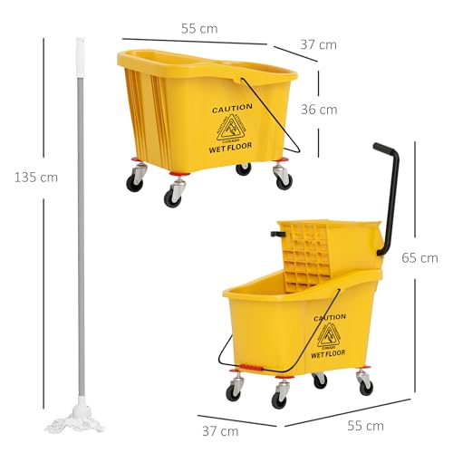 HOMCOM Putzwagen Reinigungswagen 36 Liter Eimer mit Presse, Haushaltswagen mit Mopp und Griff für Gebäudereinigung, Büroreinigung Gelb – Bild 8