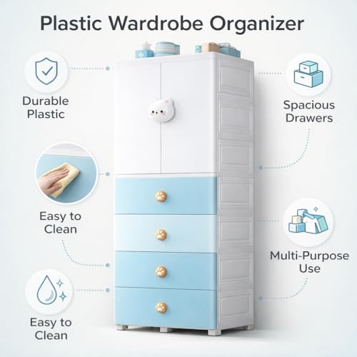 Image of AYSIS Kids Plastic Collapsible Wardrobe Organizer for Storage with Drawers | Cute Cartoon Design | Heavy Duty Cloth Organizer for Storage | Easy to Assemble | Perfect for Kids Room & Home | Bear