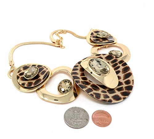 Fashion 21 Women's Celluloid Acetate Oval Disc Glass Stone Metal Link Statement 17 inches Plus Extension Link Necklace4