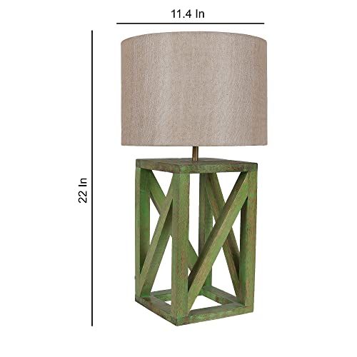 Image of tu casa Mango Wood Table Lamp with Satin Fabric Shade | Decorative Bedside Night Lamp for Bedroom & Living Room | Wooden Study Table & Nightstand Lamp for Home Decor & Gifting
