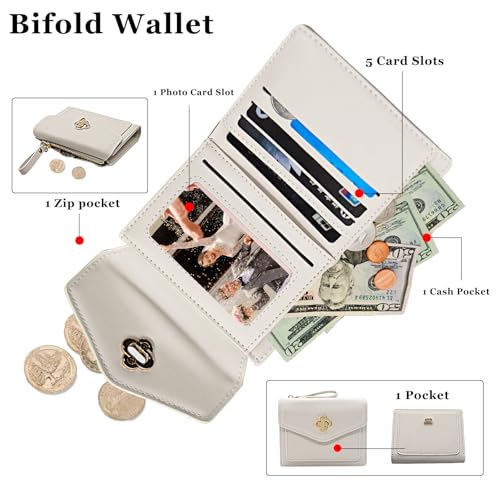 LJCZKA Wallet for Women Leather Bifold Cute Wallet Luxury Small Short Purse Credit Card Holder with Zipper Coin Pocket (White)3