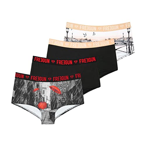 FREEGUN Shorty Fille, sous-vêtement Enfant Microfibre, Respirant et Confortable (Lot de 4), Noir, Rouge, Gris, Taille 10/12 Ans
