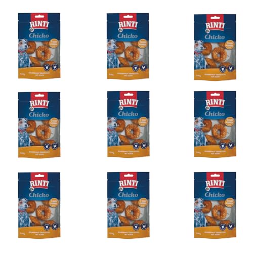 Rinti Chicko Kauringe klein | 9er Pack | 9 x 150 g | Aus bissfester Rinderhaut mit Hühnerfleisch überzogen | Putzkörperchen auf Mineralstoffbasis | Wiederverschließbar